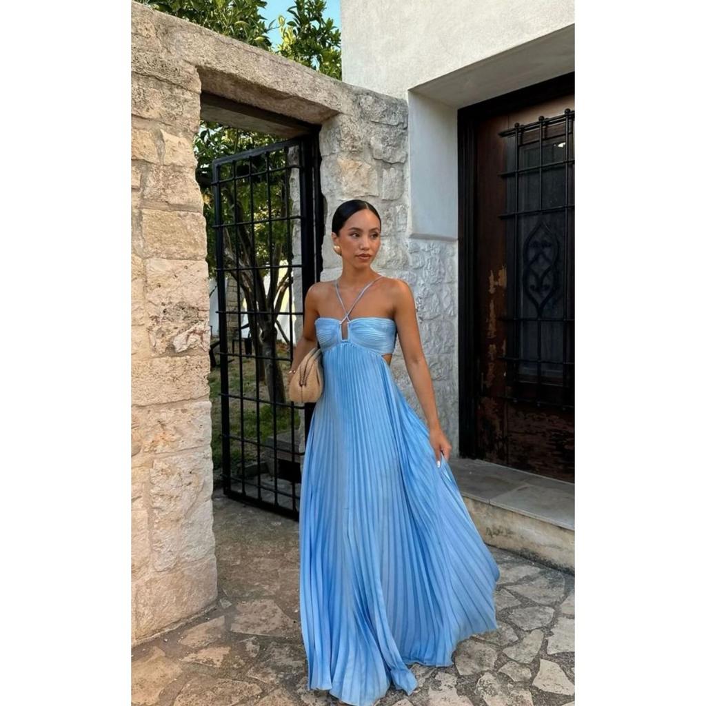 A New Summer Solid-color Strapless Pleated Sleeveless Halter Dress