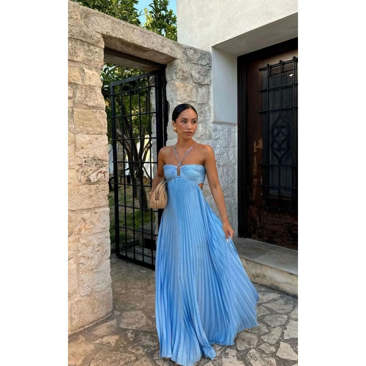 

Новое летнее однотонное платье без бретелек, плиссированное, без рукавов, с халтером XL синий