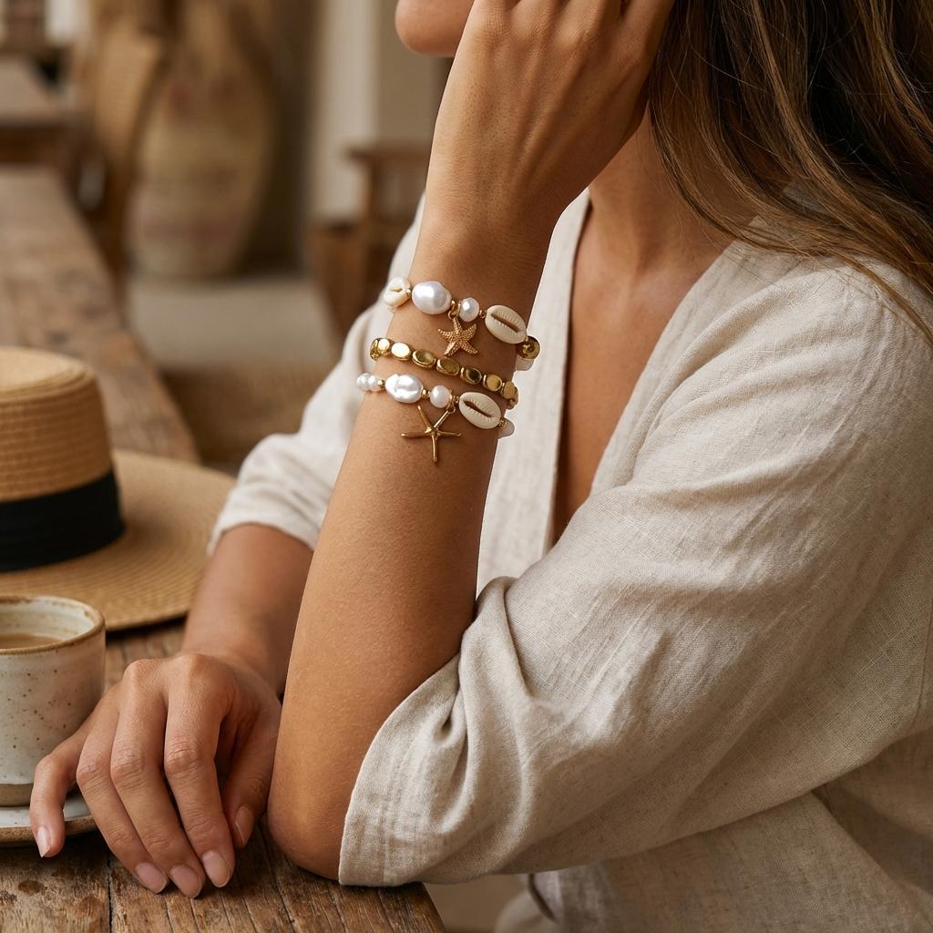Boho Shell Imitation Pearl Elastic Bracelet Set for Women Dainty Starfish Stacked Beaded Bracelets Summer Beach Jewelry Gift