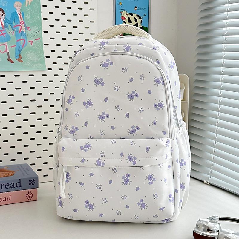 Minimalist Nylon Student Backpack With Geometric Pattern And Floral Details For Daily Use