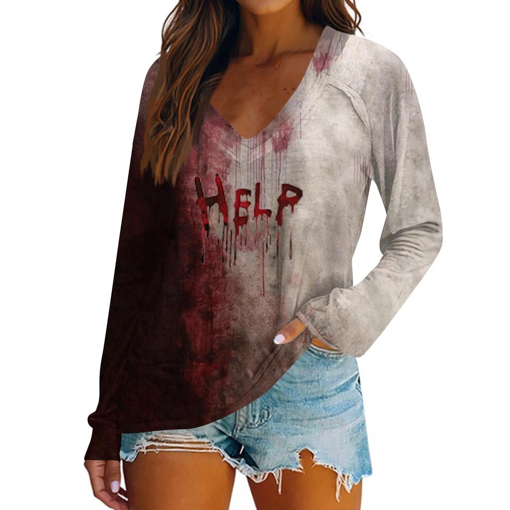 Women's Casual Fashion Snowflake Printed Vintage Casual Print Long Sleeve V-Neck Pullover Top Blouse