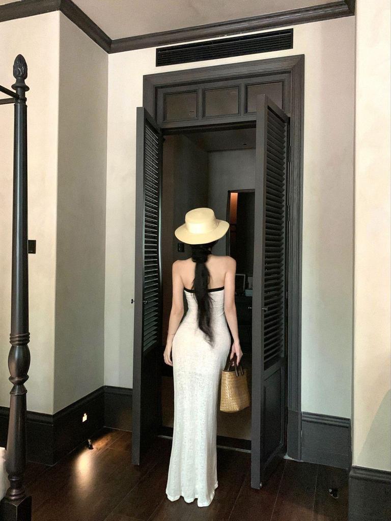 Black & White Off-Shoulder Halterneck Maxi Dress