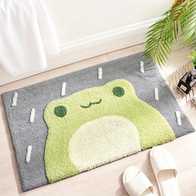 Cute Cartoon Frog Plush Bath Mat Non-Slip Absorbent Soft Washable Floor Rug for Bathroom Shower Room Home