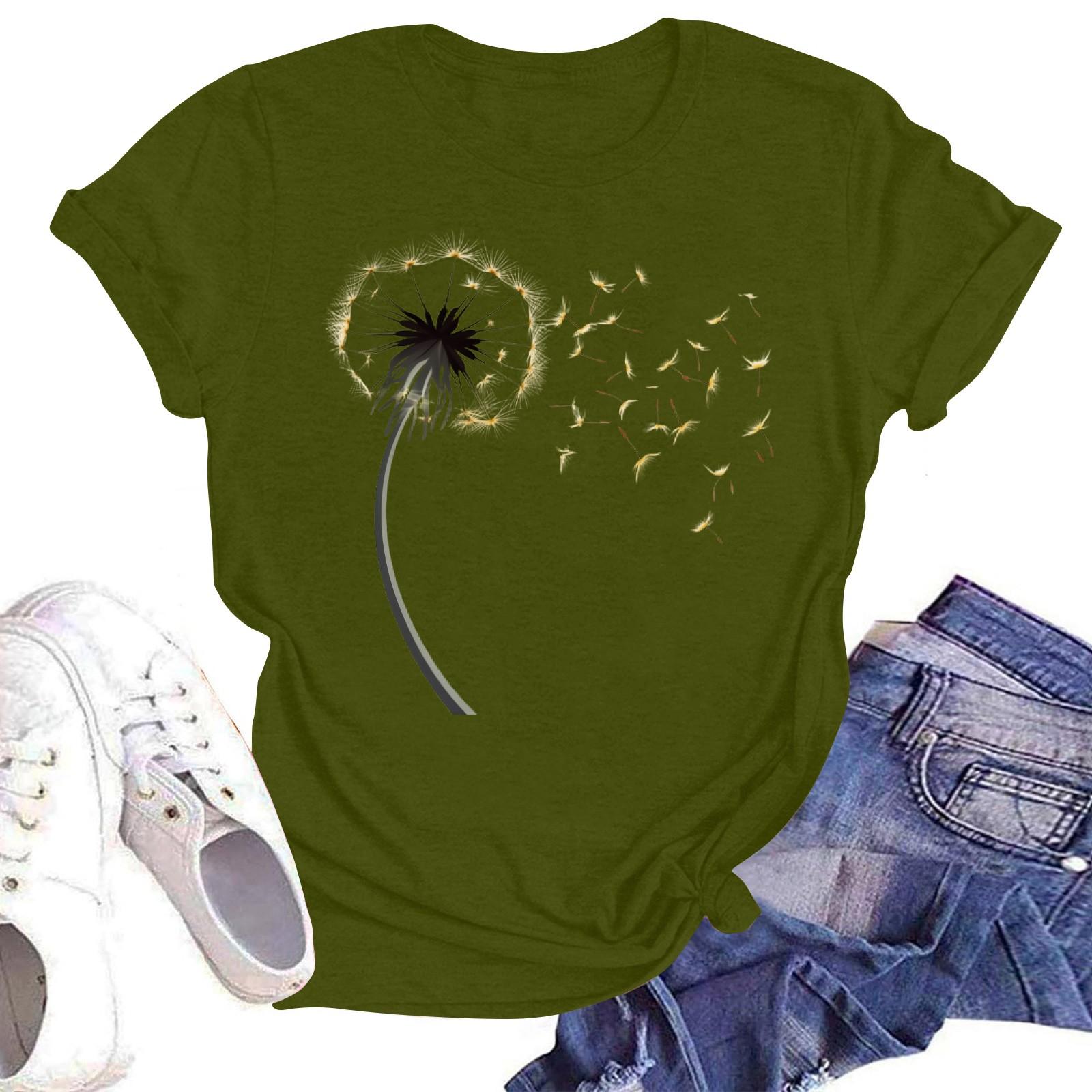 

Женская повседневная свободная футболка с принтом, круглый вырез, пуловер, короткий рукав, топ L армия зеленый