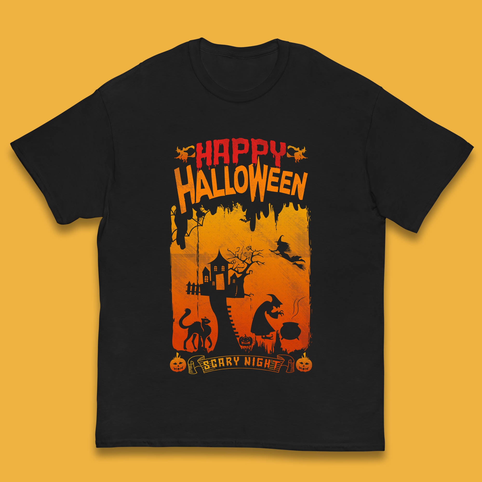 Happy Halloween Horror Hunted House Flying Witch Scary Spooky Night Kids T Shirt 110