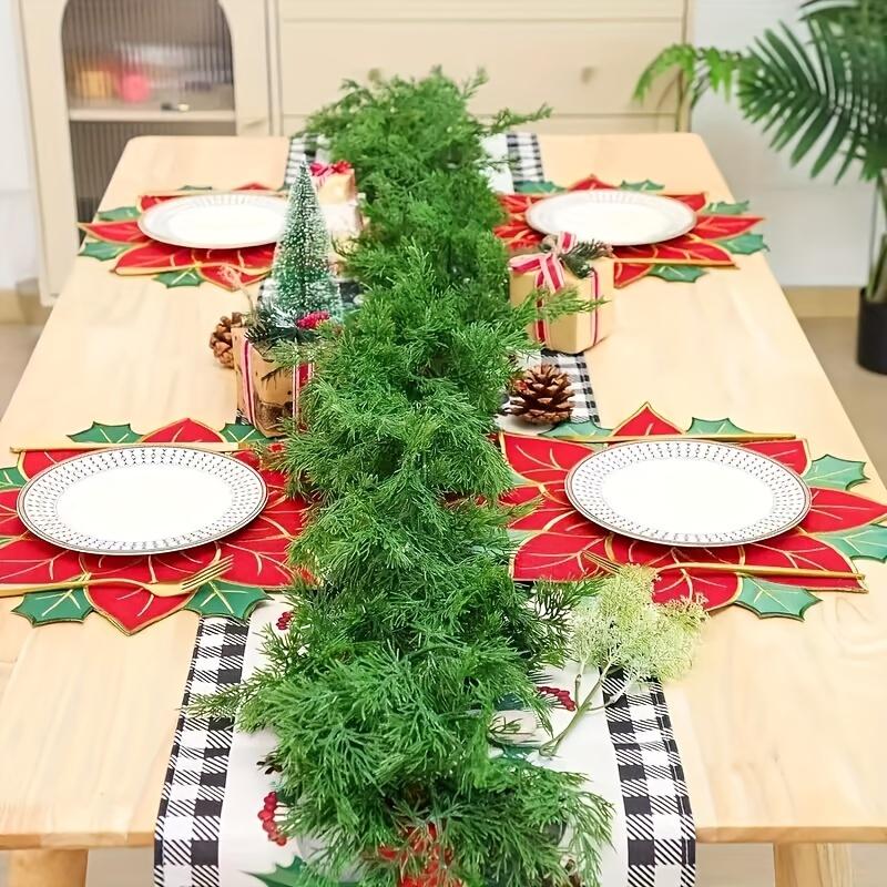 4pcs Christmas Embroidered Table Flag Tablecloth Desk Runner Round Plate Cover Plate Cloth Placemat Christmas Dining Table Decor