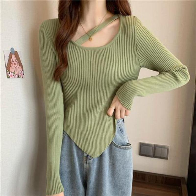 French Irregular Pure Desire Knitted Bottom Shirt for Women's Spring and Autumn Laydown Unique Short Collar Top