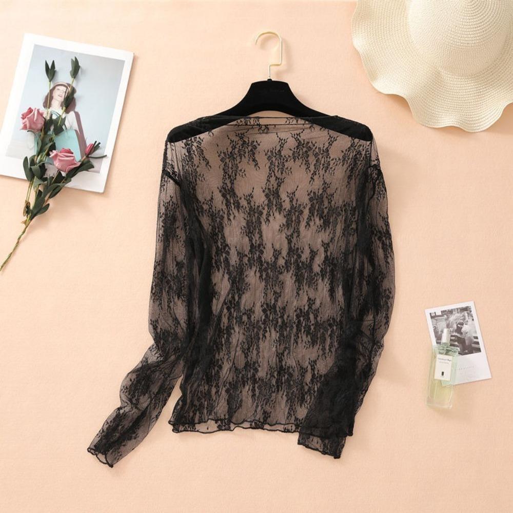 Hollow Women Clothing Half High Collar Mesh Top New Lace Shirt Ladies чёрный