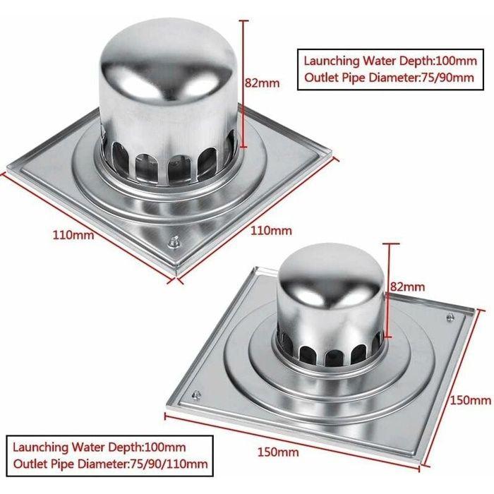 Drain de sol carré inox 150 mm anti-odeur pour douche et salle de bains - AIMOONSA