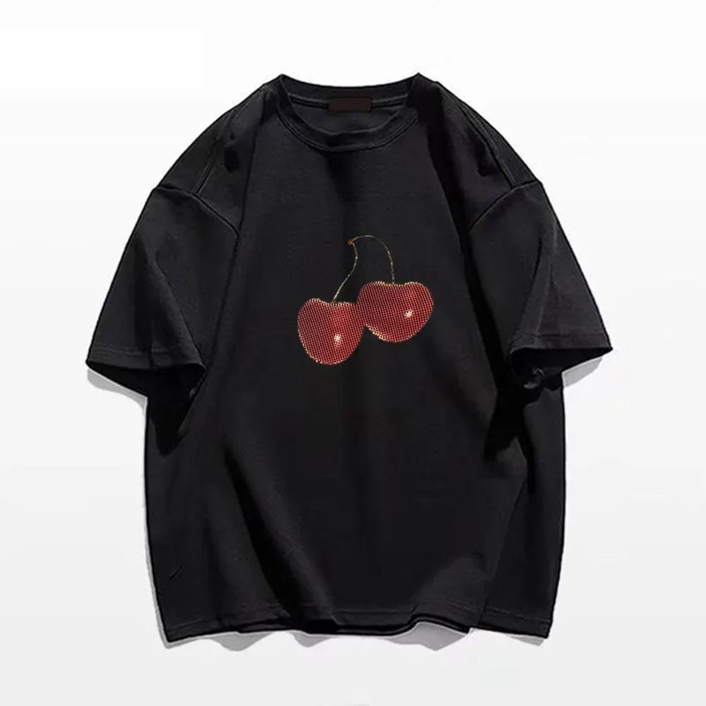 2024 Beautiful Cherry Print Summer T-Shirt Streetwear Gothic Harajuku Letter Graphic TShirt Vintage Crop Top Women's Y2K Clothes