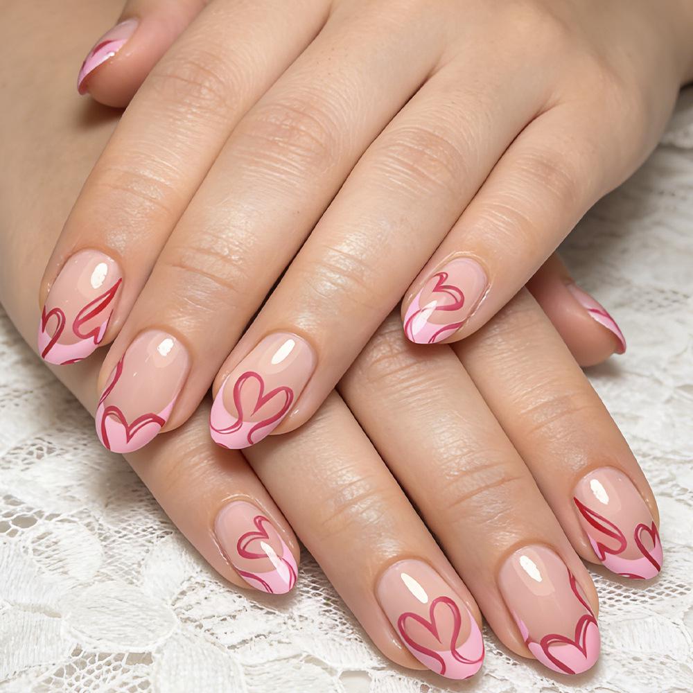 Valentine s Day Almond Press-On Nails, Heart Lines, Pink French Tips, Glossy Finish, 24-Piece Set.