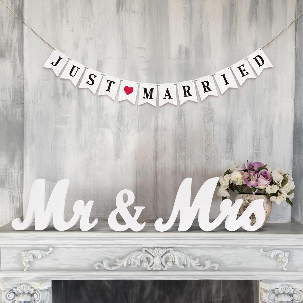 Just Married Banner Rustic White Wooden Wedding Banner Decoration