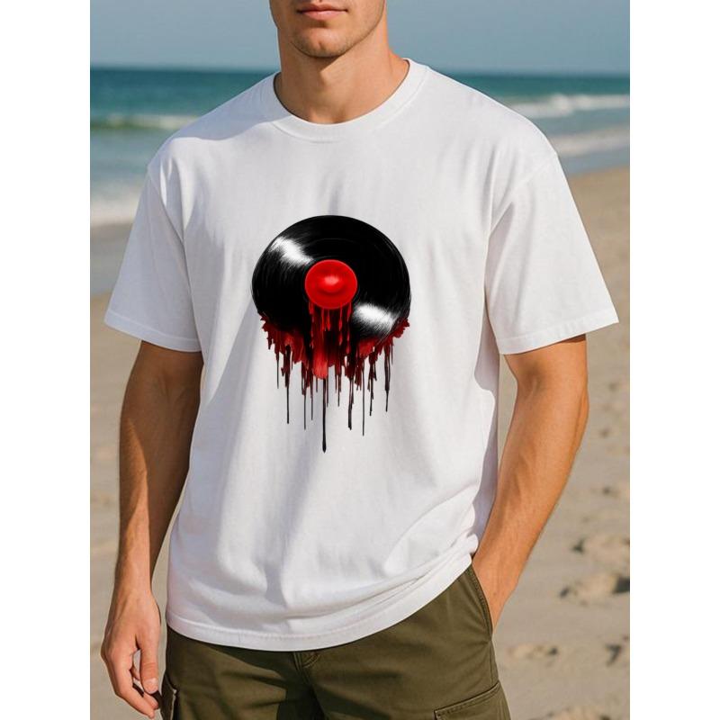 European sizes Vinyl Record Melting Style Print | Lightweight Round-Neck Short-Sleeved, Comfortable and Breathable Casual Sportswear Top for Men