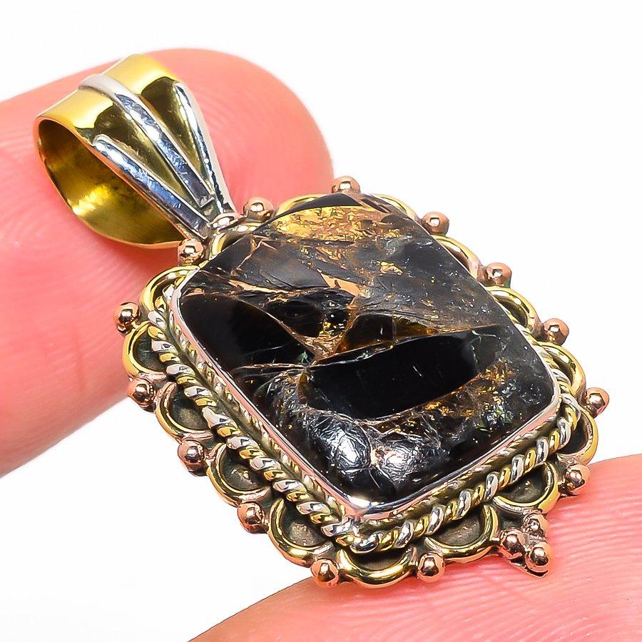 Natural Black Turquoise TwoTone 925 Solid Sterling Silver Pendant 1.50" r9u37