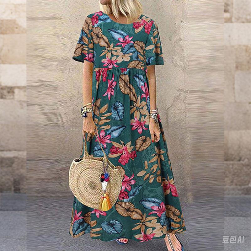 Vestido de Verano con Estampado Floral - Maxi Casual de Cuello Redondo para Mujer de Manga Corta Suelto para Vacaciones en la Playa