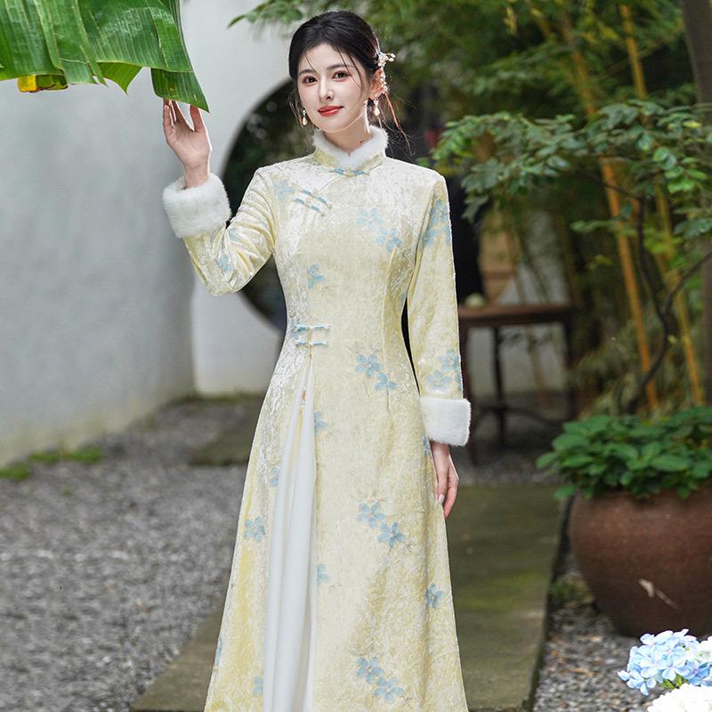 Skinny Aodai velvet winter national style new Chinese long-sleeved cheongsam winter thick improved young women s dress S