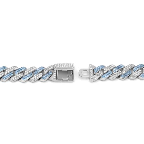 Takeda Jewelry Men's Iced Out Cuban Chain Necklace, Silver and Blue Rhinestones, Wide Chain, Street Style Accessory, 45/50/55cm (55cm)