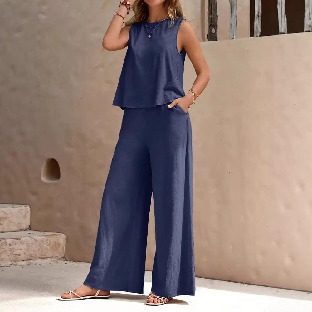 Women Solid 2 Piece Outfit, Round Neck Sleeveless Tank Top + Wide Leg Pants, Casual Matching Set