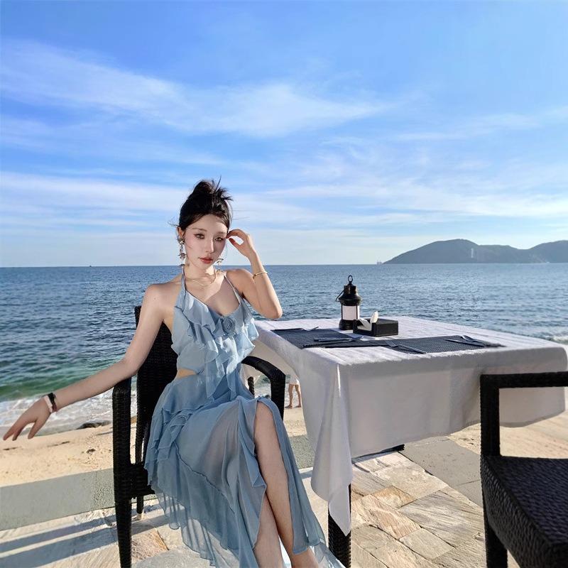 Maldives Vacation Camisole Dress Female Summer Sexy Seaside Photo Shoot Irregular Waist Ruffled Long Dress