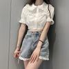 Korean Version of Retro Lace-edged Denim Shorts  Women with High Waist Loose Hot Pants Slimming A-line Shorts Wide Legs