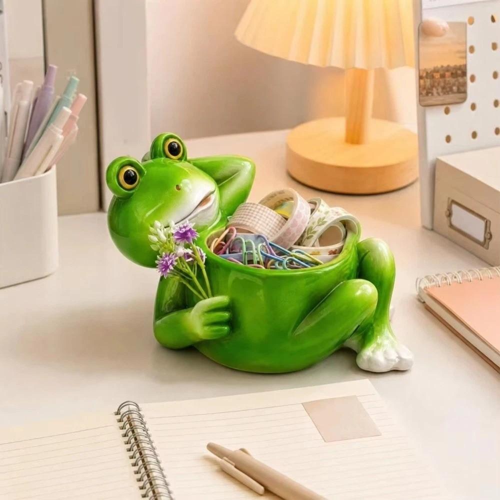 Cartoon Frog Flower Pot Decorative Flower Container Multipurpose Lying Frog Figurine Office