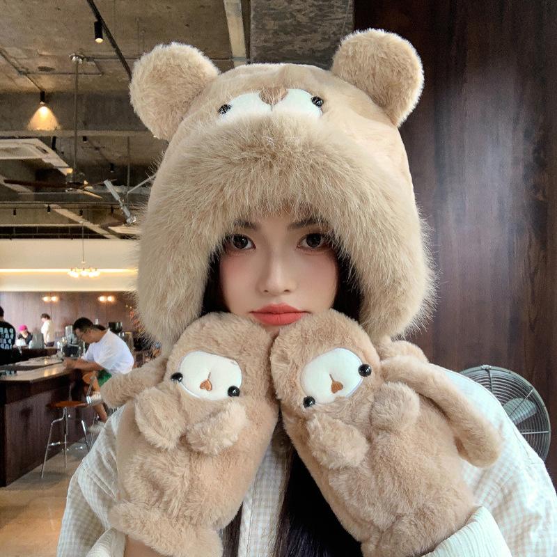 Winter plush cute bear gloves hat women's windproof and warm ear protection pullover hat versatile and small face