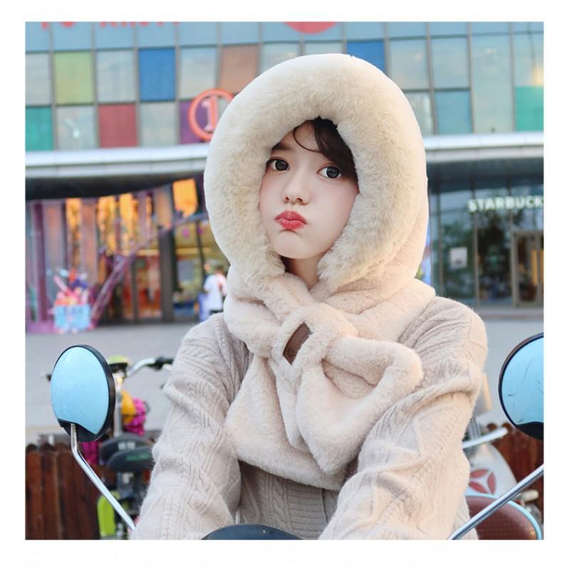 Womens Winter Knit Hooded Hat Scarf Combo With Ear Protection Cute Plush Warm Beanie Outdoor Walking Cycling