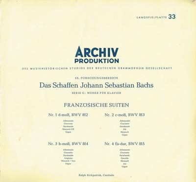 LP Schallplatte JOHANN SEBASTIAN BACH RALPH KIRKPA  Bach Französische Suiten 14 14095APM ARCHIV PRODUKT 1958 Deutschland Klassik Gebraucht