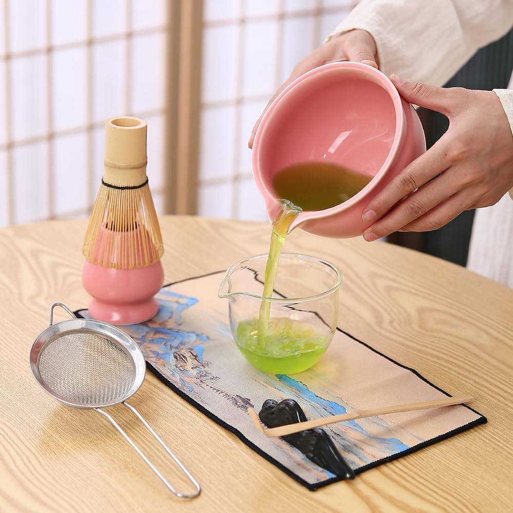 Matcha Set, 7 Pieces, Matcha Bowl with Spout, Whisk, Holder, Bamboo Scoop, Stainless Steel Sifter
