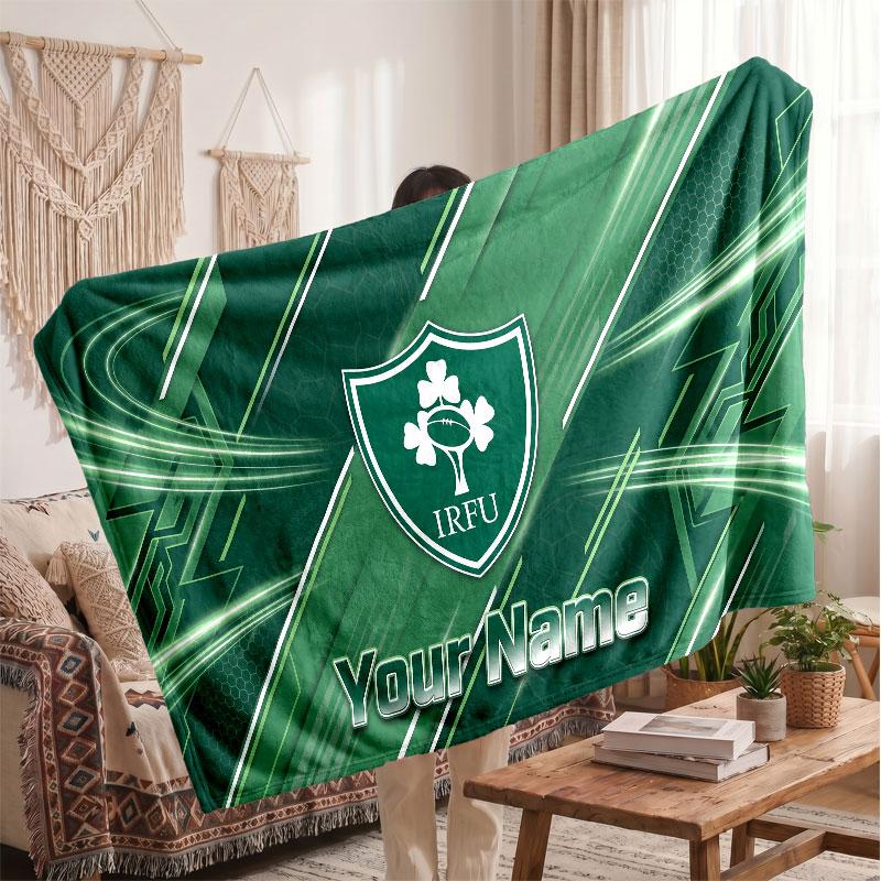 Ireland Rugby Flannel Blanket, Custom Name Text Personalized Soft Throw Blanket Home Decor Gift
