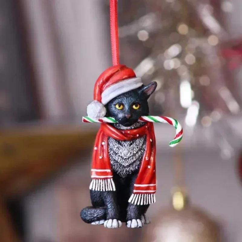 Christmas Cat Sculpture Pendant Resin Craft Figurines Hanging Decorations for Desktop Xmas Tree Holiday Party Home