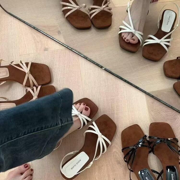 2025New Kitten High Heels Open Toe Sandals Cross Narrow Band Low Slippers Stylish Comfortable Sexy Multi-work Shoes Flat Heels