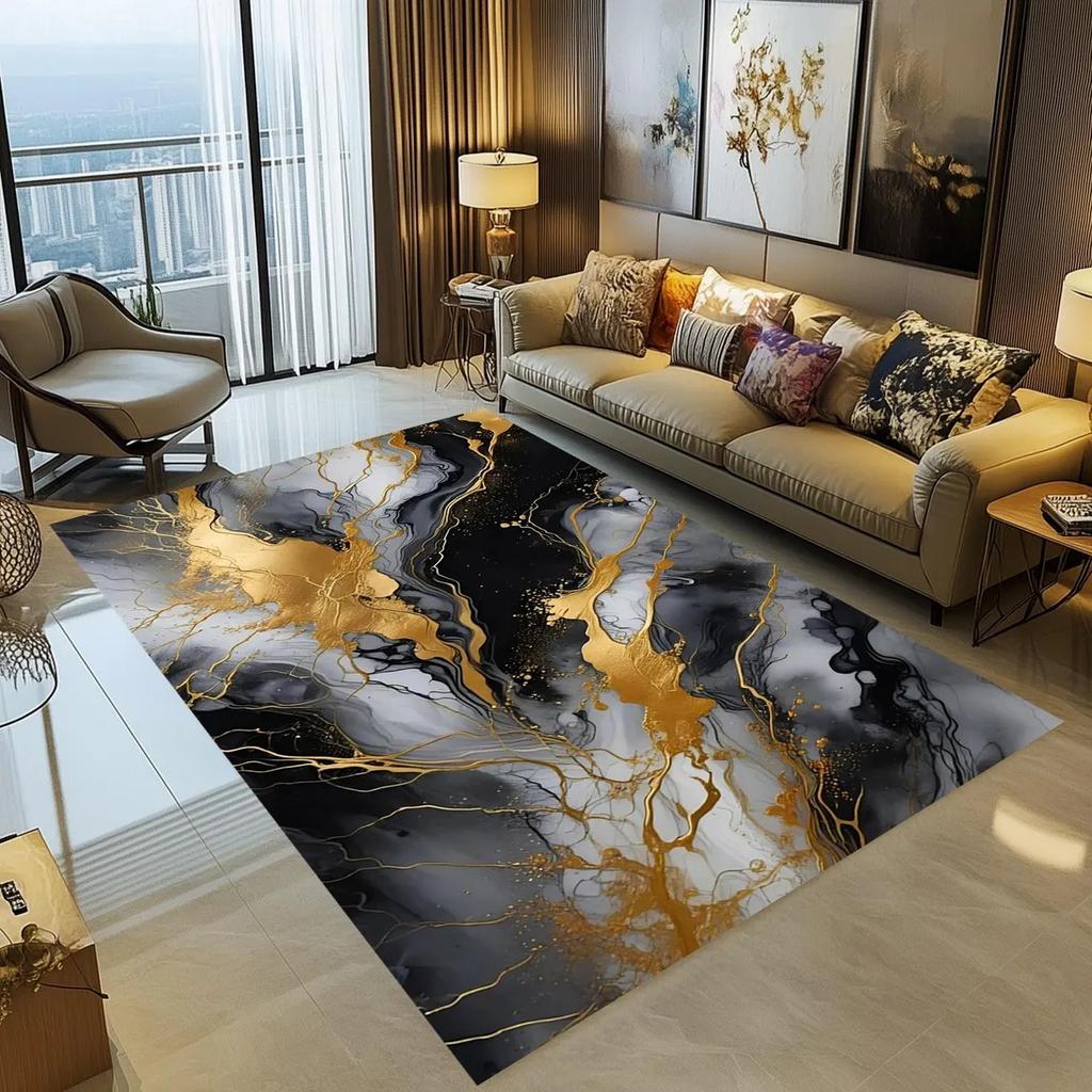 Black Gold Marble Area Rug – Greek Key Border Print Carpet  Soft Non-Slip Floor Mat for Living Room Bedroom Elegant Modern Decor