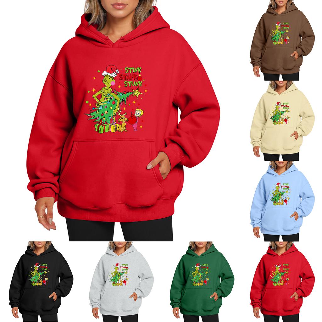 Ladies' Christmas Style Printed Hoodie With Wool And Pockets For Women