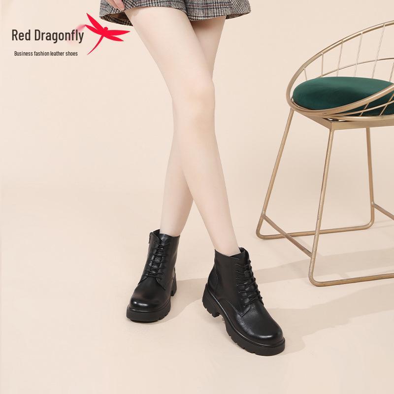 Red Dragonfly Women's British Style Real Leather Winter Boots Thick-Soled Velvet Short Martin Boots, 2024 New Arrivals