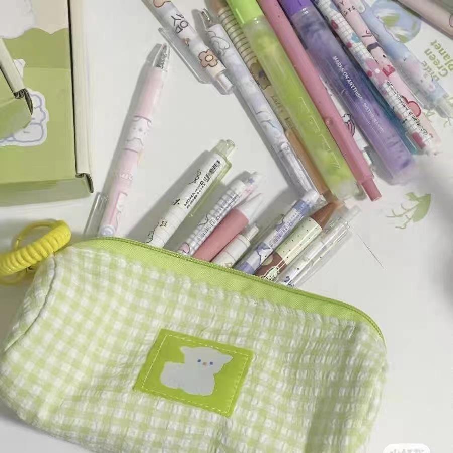 Fresh Grid High-Quality Pen Bag Cute Little Sheep Instagram Large Capacity Desktop Student Stationery Storage Bag