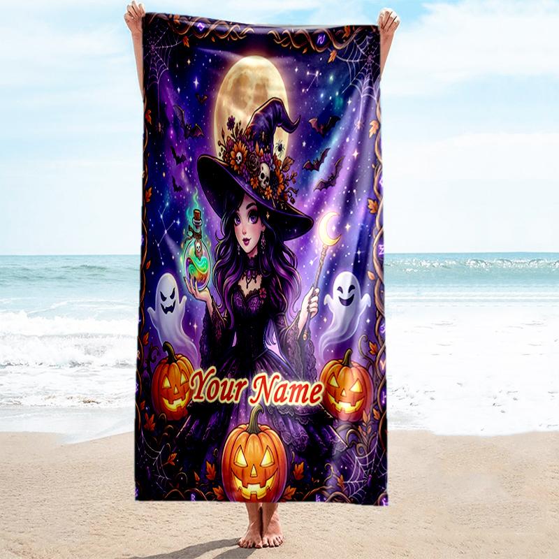 1PC Custom Name Halloween Magic Night Beach Towel Highly Absorbent And Sand-Resistant Towel for Swimming, Pool, Yoga, And Travel Lightweight