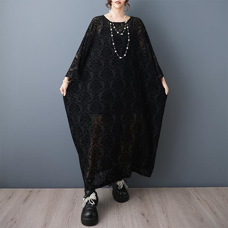 DIMANAF New 2026 Summer Women Plus Size Vintage Elegant Lady Long Dress Black Floral Jacquard Lace Loose Oversize Maxi Clothing