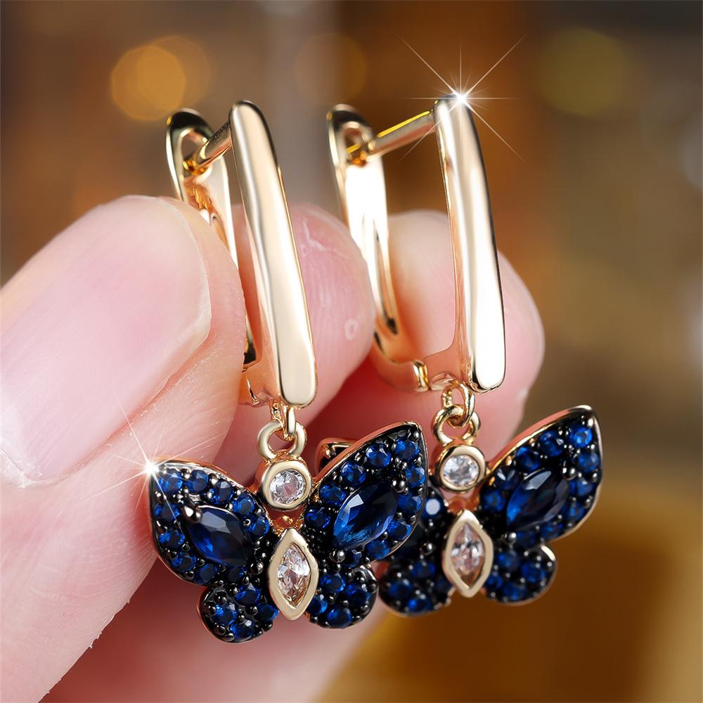 Orecchini a Cerchio Farfalla Carini con Zircone Cristallo Blu per Donna Fibbia Orecchio Colore Oro Vintage Gioielli da Matrimonio Regali per San Valentino
