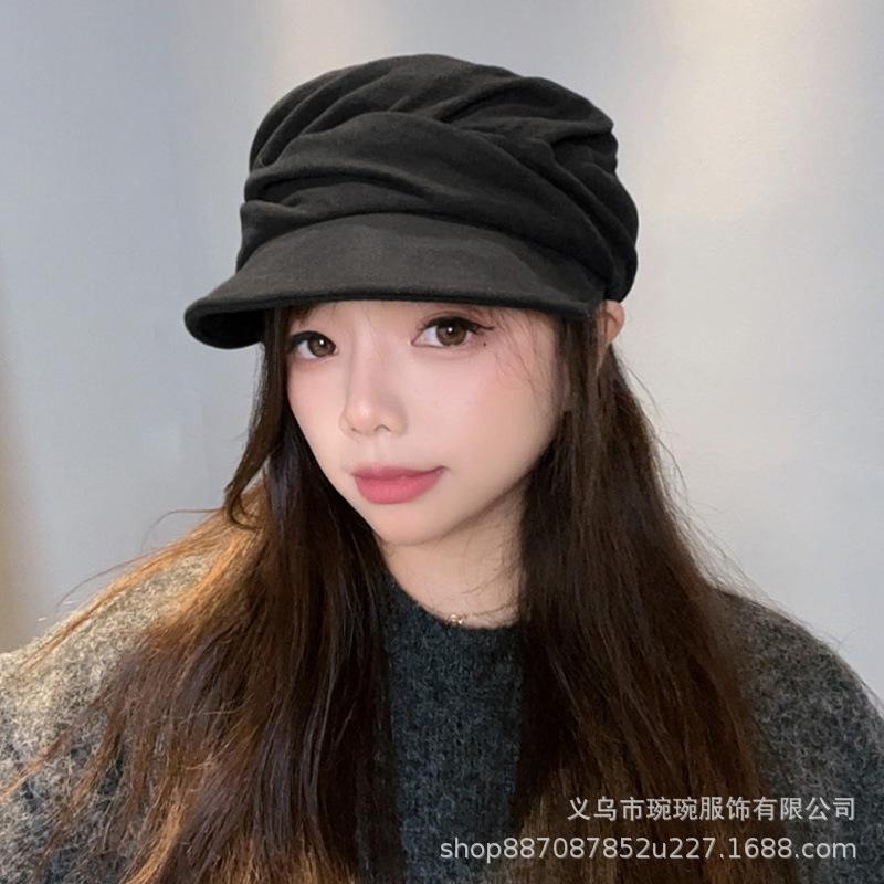 Cotton and Linen Pleated Peaked Cap Women's Autumn and Winter Warm Face Small Equestrian Hat Versatile Painter Newsboy Hat