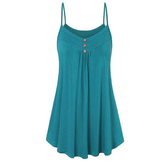 Women V Neck Sleeveless Buttons Pleated Large Hem Sundress Knee-length Dress
