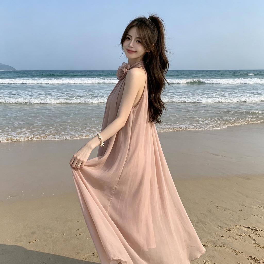 Design sense loose flower neck sleeveless dress fairy summer gentle wind French off-the-shoulder skirt long dress tide