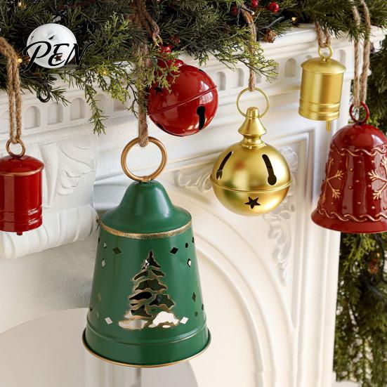 Vintage Holiday Decor Metal Bell Christmas Ornament, Large Iron Hanging with Ornaments Hollow Carved Tree Pattern for Door, Garland, Wreath,