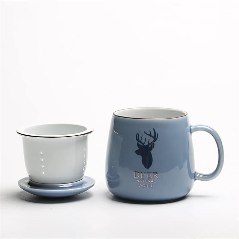 Tazza da tè con filtro in ceramica Coppia di bicchieri semplici e di grande capacità Tazza da caffè per la casa con coperchio Tazza per la separazione del tè da ufficio in porcellana