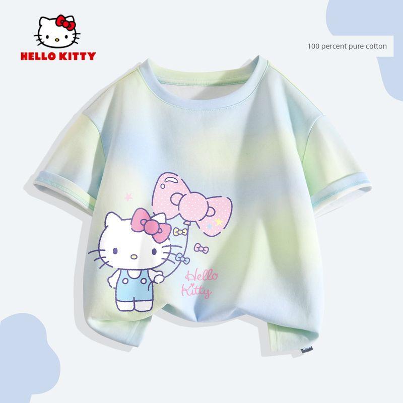 Hello Kitty Girls' Short-Sleeved T-Shirt 2026 New Pure Cotton Rainbow Kidsren's Summer Wear Tie-Dye Cute Clothes Trendy