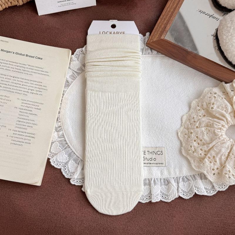 Women's Pure Cotton Autumn and Winter Extended Vertical Boneless Pile Socks Solid Color Versatile Mid-calf Socks Long Socks