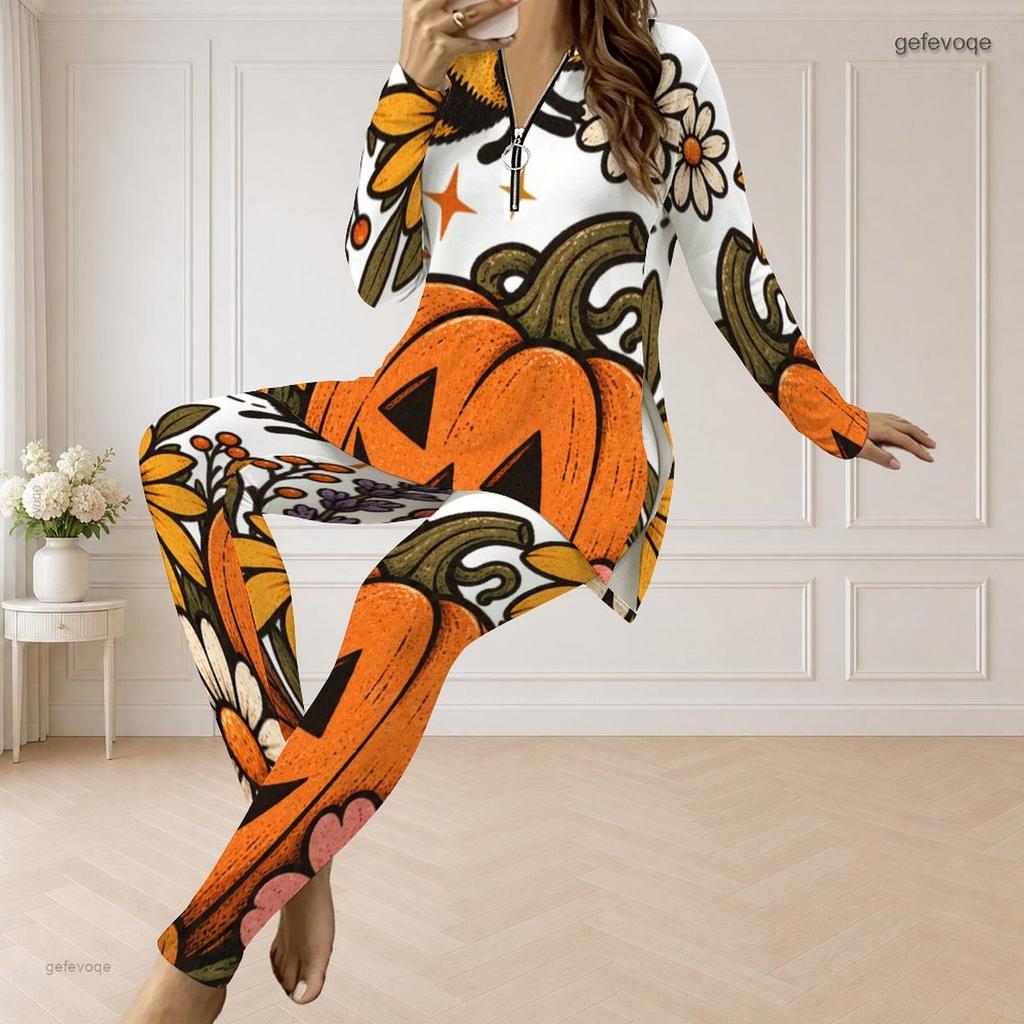 Women Plus Size Halloween Printed Two Piece Pants Set Half Zip Long Sleeve Top And Long Pants