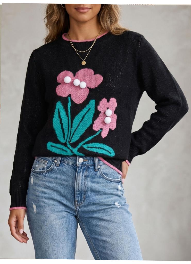 Fashion flower knitted sweater women's autumn and winter new round neck jacquard sweater long sleeve slim slim top
