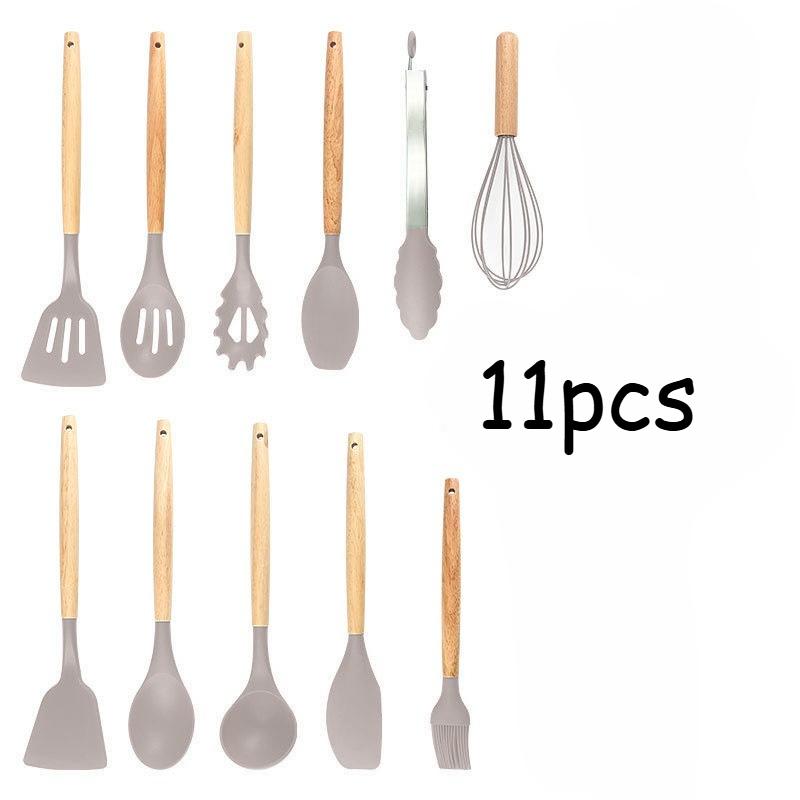 11pcs Silicone Kitchen Utensil Set with Wooden Handles Cooking & Baking Tools Including Non-Stick Spatula, Ladle, Whisk