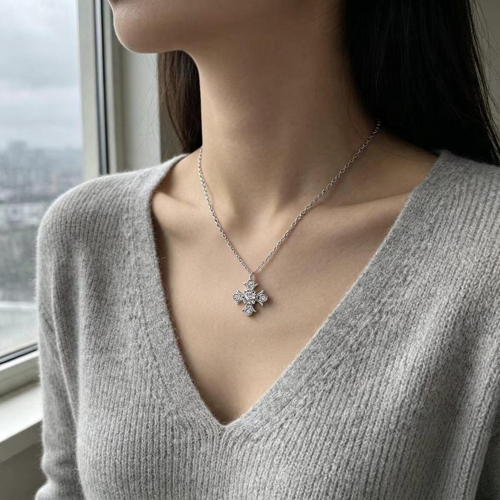 S925 Sterling Silver Women's Necklace, Retro Cross Clavicle Pendant, Luxe High-End Accessory